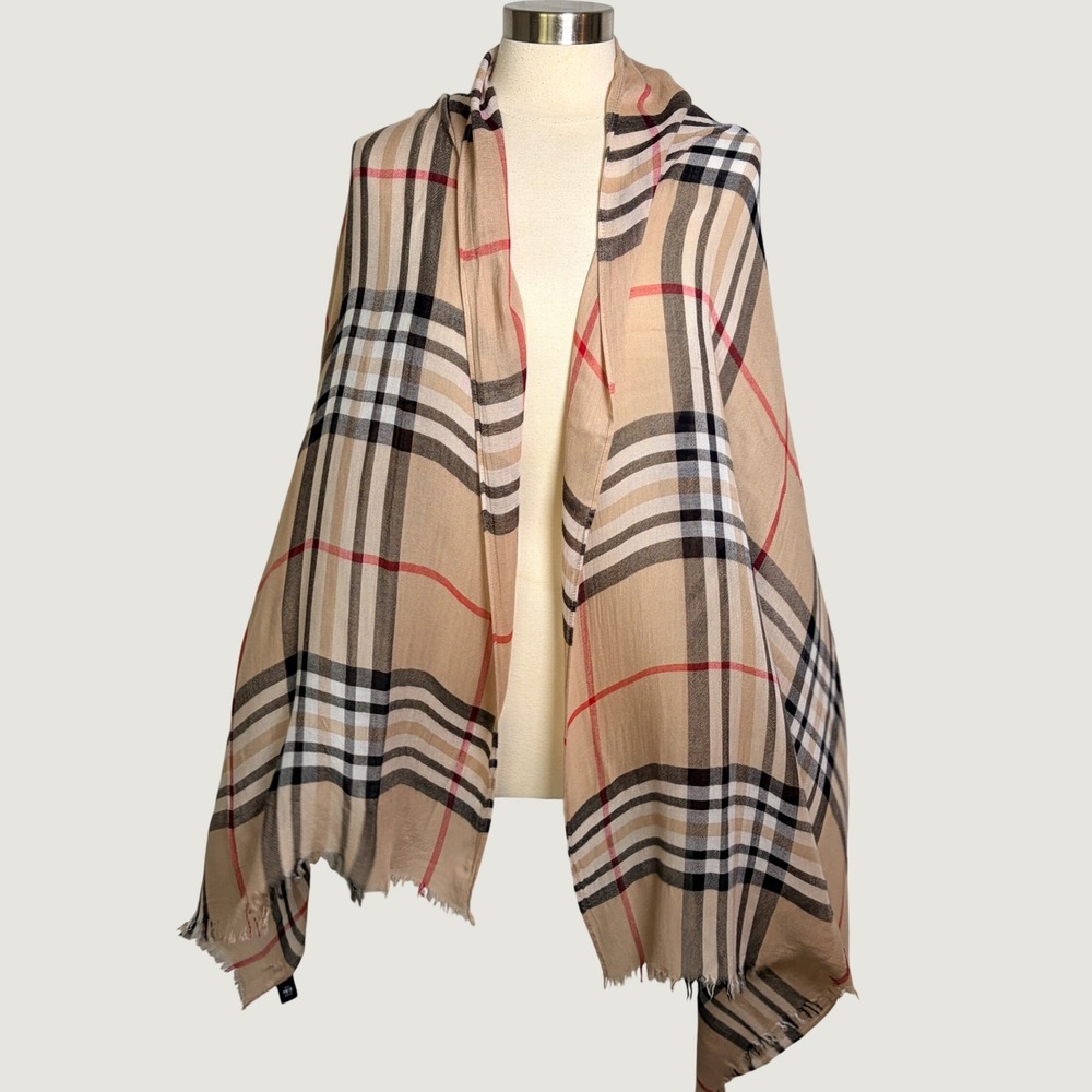 V. FRAAS Classic Beige Black Red Plaid Lightweight Scarf Wrap, Viscose